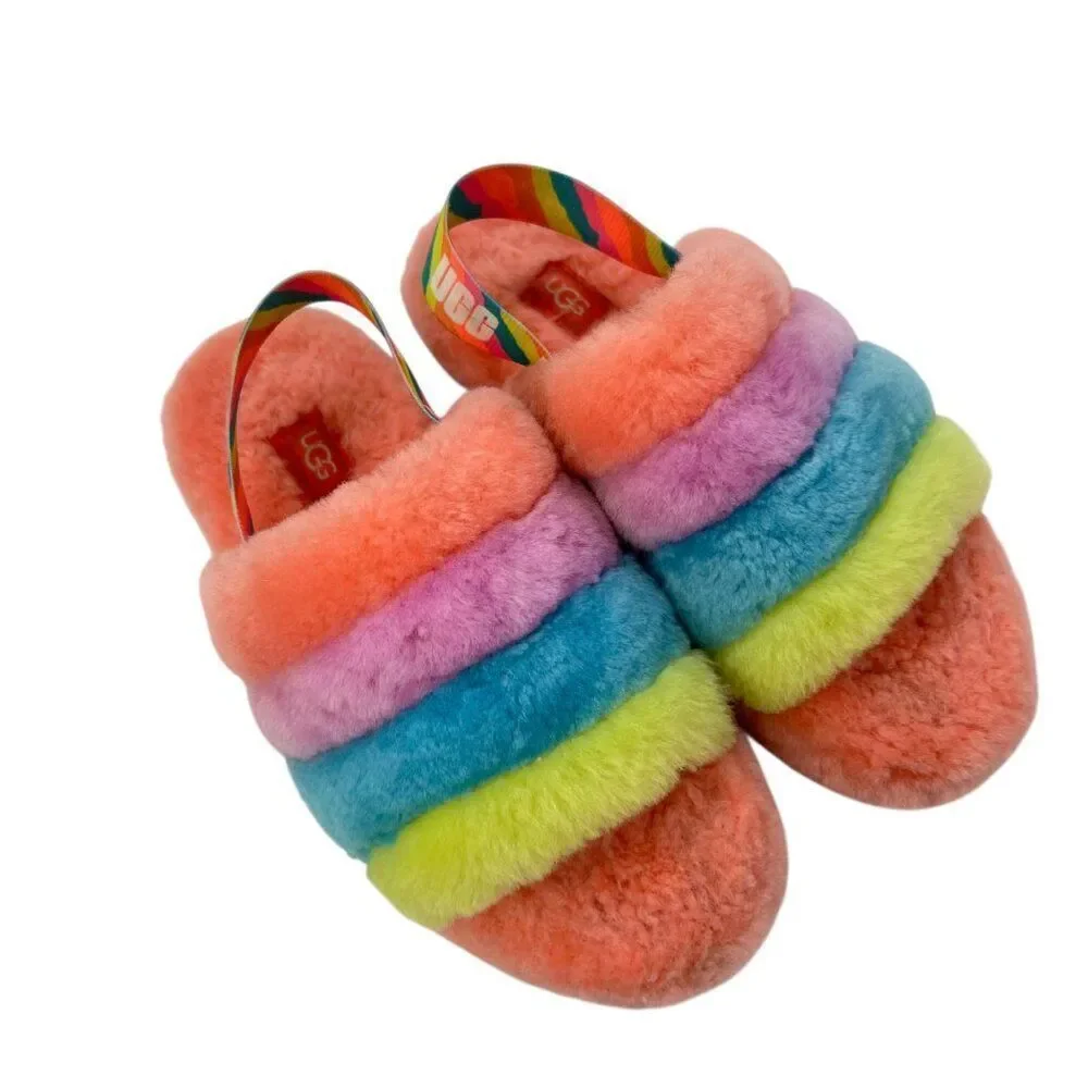 UGG Kids Fluff Yeah Rainbow Sherpa Slides Size 5